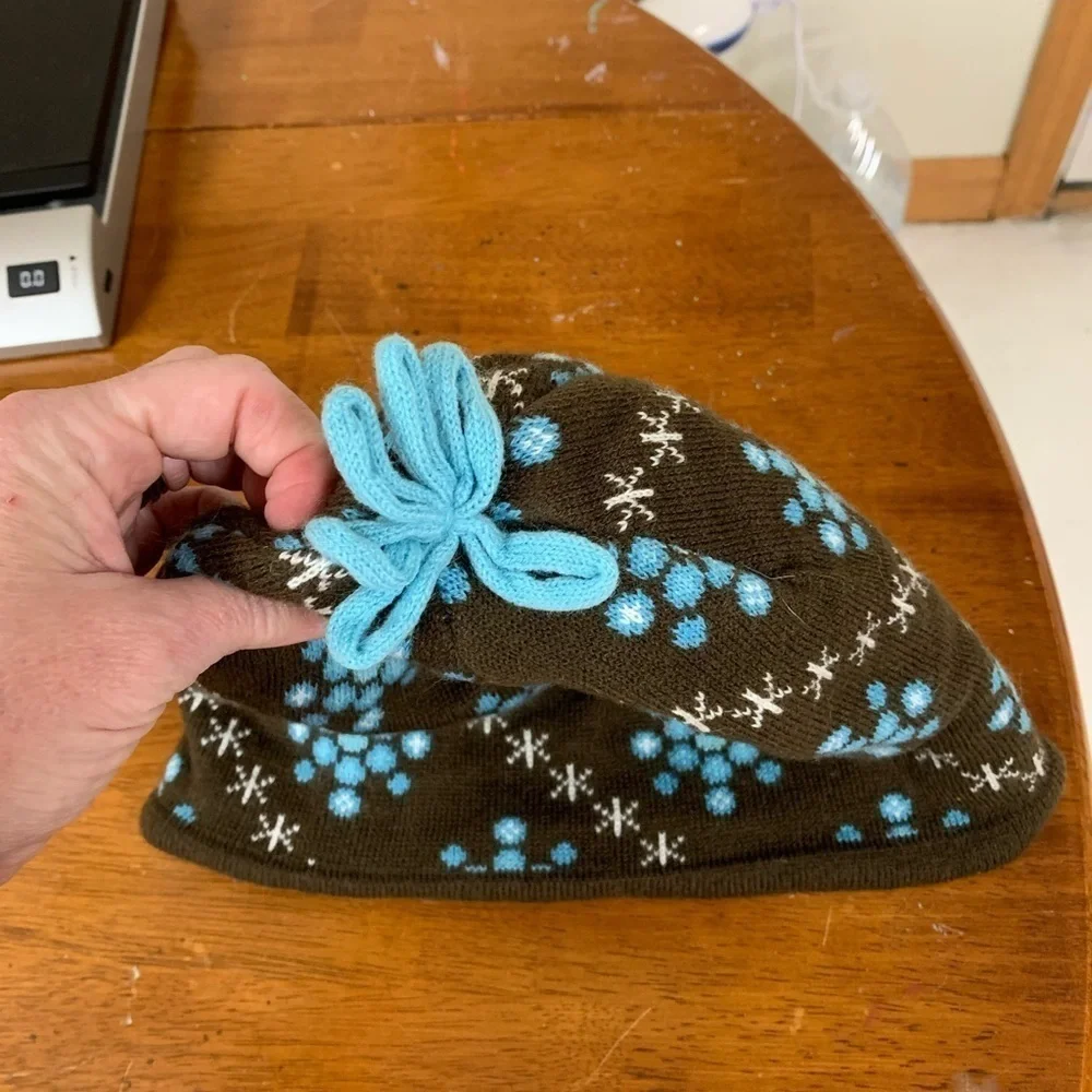 LL BEAN kids beanie hat fleece lined chocolate brown turquoise accent OSFM